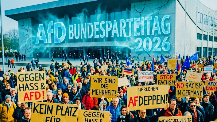 Ein Juraprofessor sah in einem Facebook-Post in den Demonstranten gegen den AfD-Bundesparteitag 2026 in Erfurt nur „Linke“ – das Bild wurde mit KI Google Gemini erstellt.